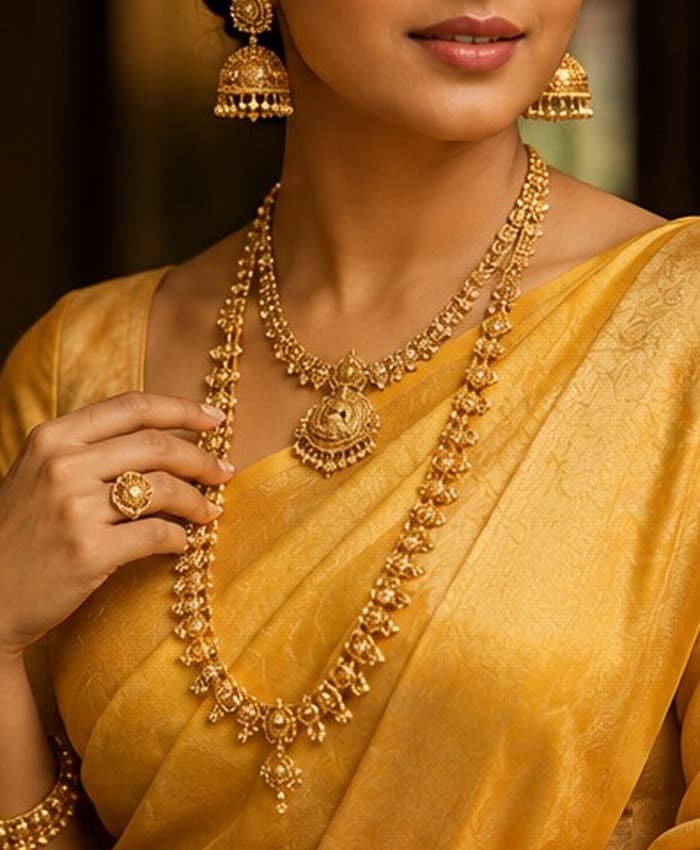 Indian woman wearing traditional gold jewellery
